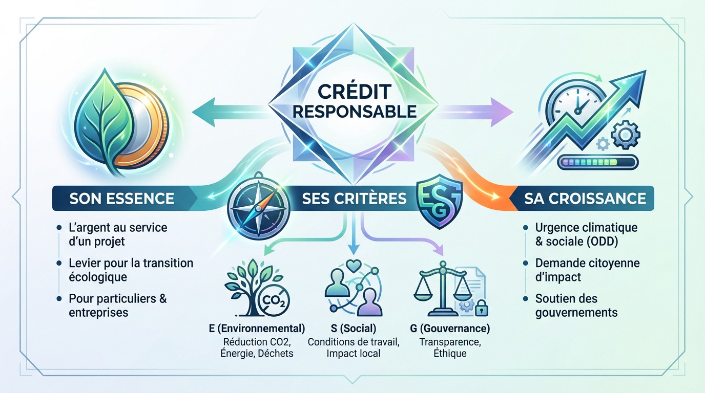 Illustration du crédit responsable montrant l'équilibre entre finance et critères ESG pour une croissance durable