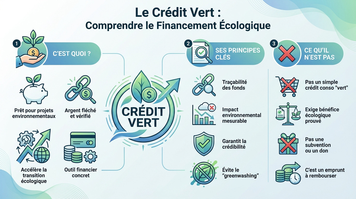 Illustration d'un crédit vert symbolisé par des pièces de monnaie et une plante, représentant le financement de la transition écologique