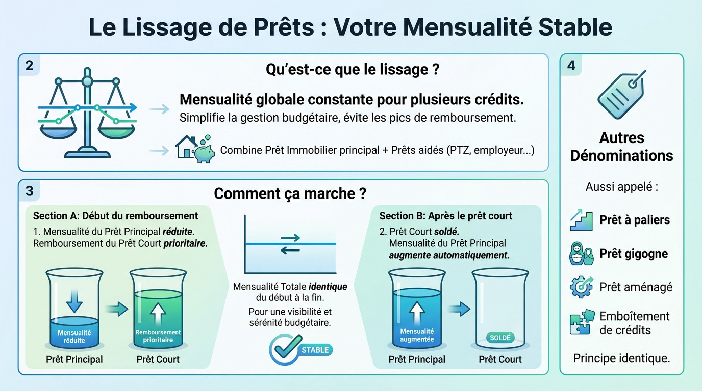 Schéma illustrant le mécanisme du lissage de prêts pour obtenir une mensualité constante