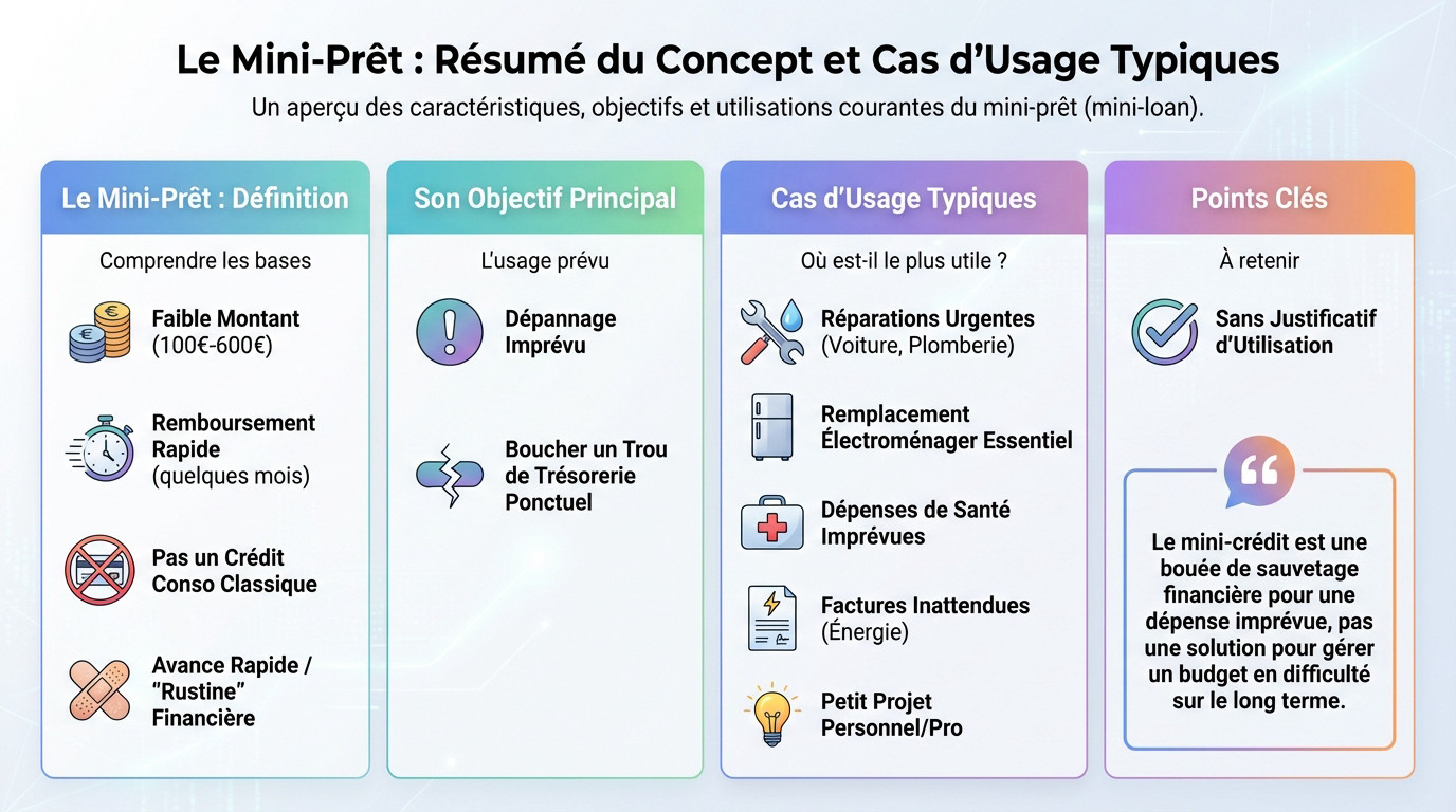 Infographie résumant le concept du mini-prêt et ses cas d'usage fréquents comme les réparations ou factures imprévues