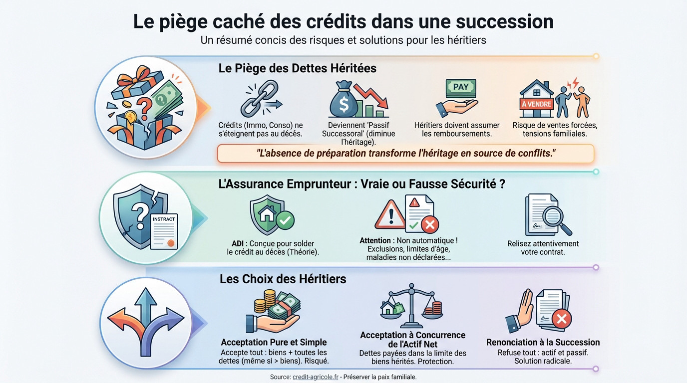 Héritiers consultant des documents financiers relatifs à des crédits immobiliers lors d'une succession