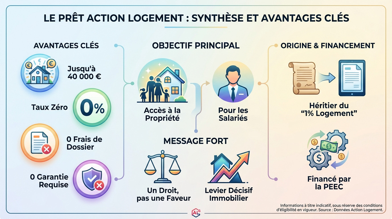Graphique illustrant les avantages du prêt Action Logement : 40 000 euros à taux zéro pour les salariés