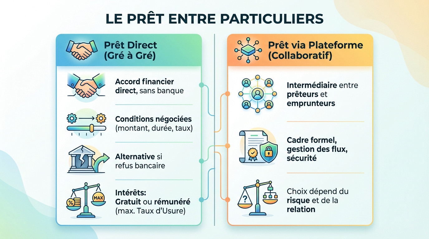 Comparaison visuelle entre un prêt direct entre amis et un crédit via une plateforme en ligne sécurisée