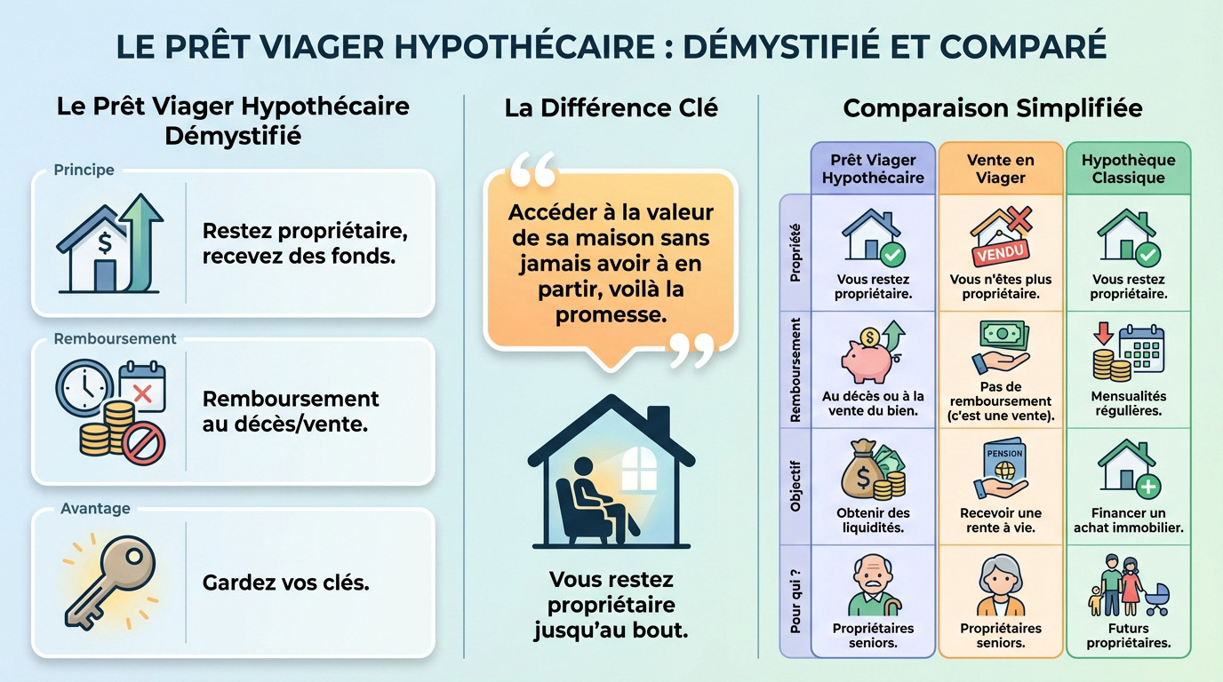 Schéma explicatif comparant le fonctionnement du prêt viager hypothécaire et la vente en viager