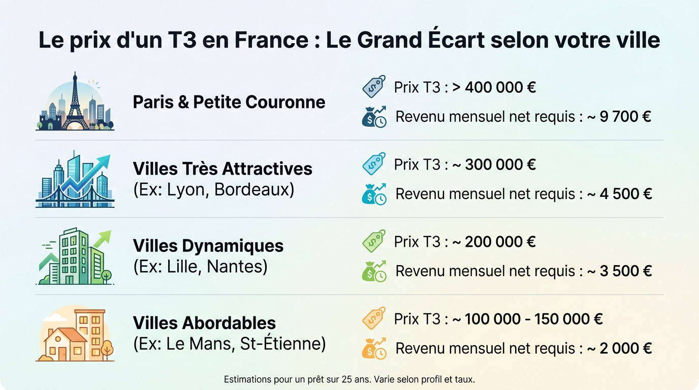 Graphique illustrant les écarts de prix pour un appartement T3 selon les villes françaises