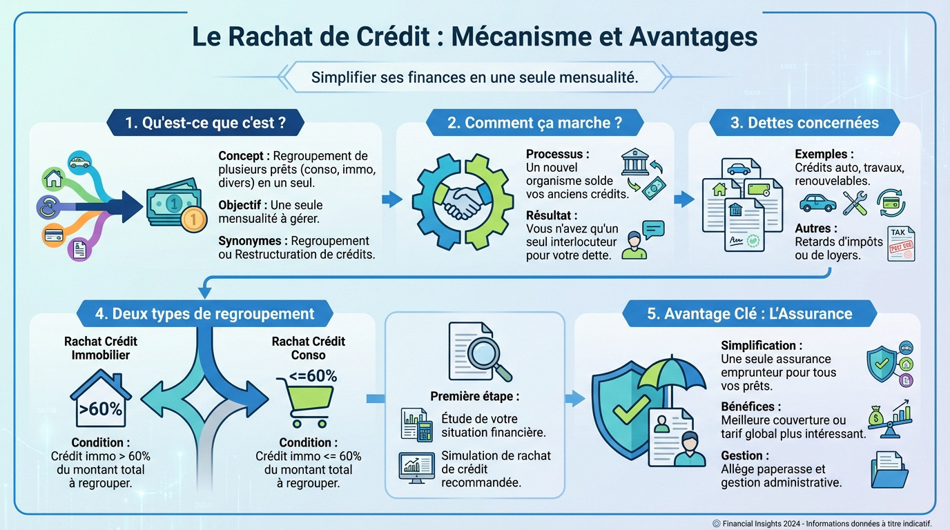 Schéma explicatif du fonctionnement du rachat de crédit et de la baisse des mensualités