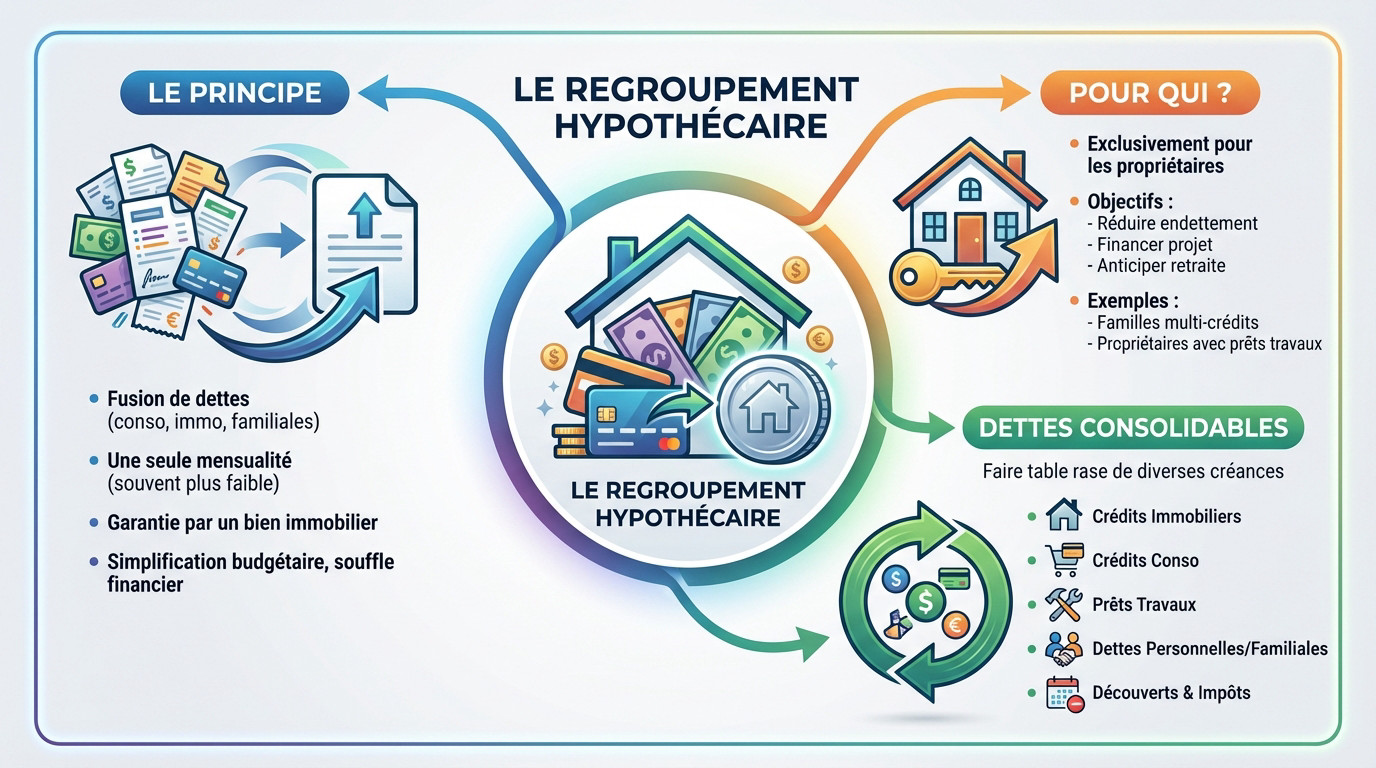 Schéma explicatif du principe et des avantages du regroupement hypothécaire pour un propriétaire