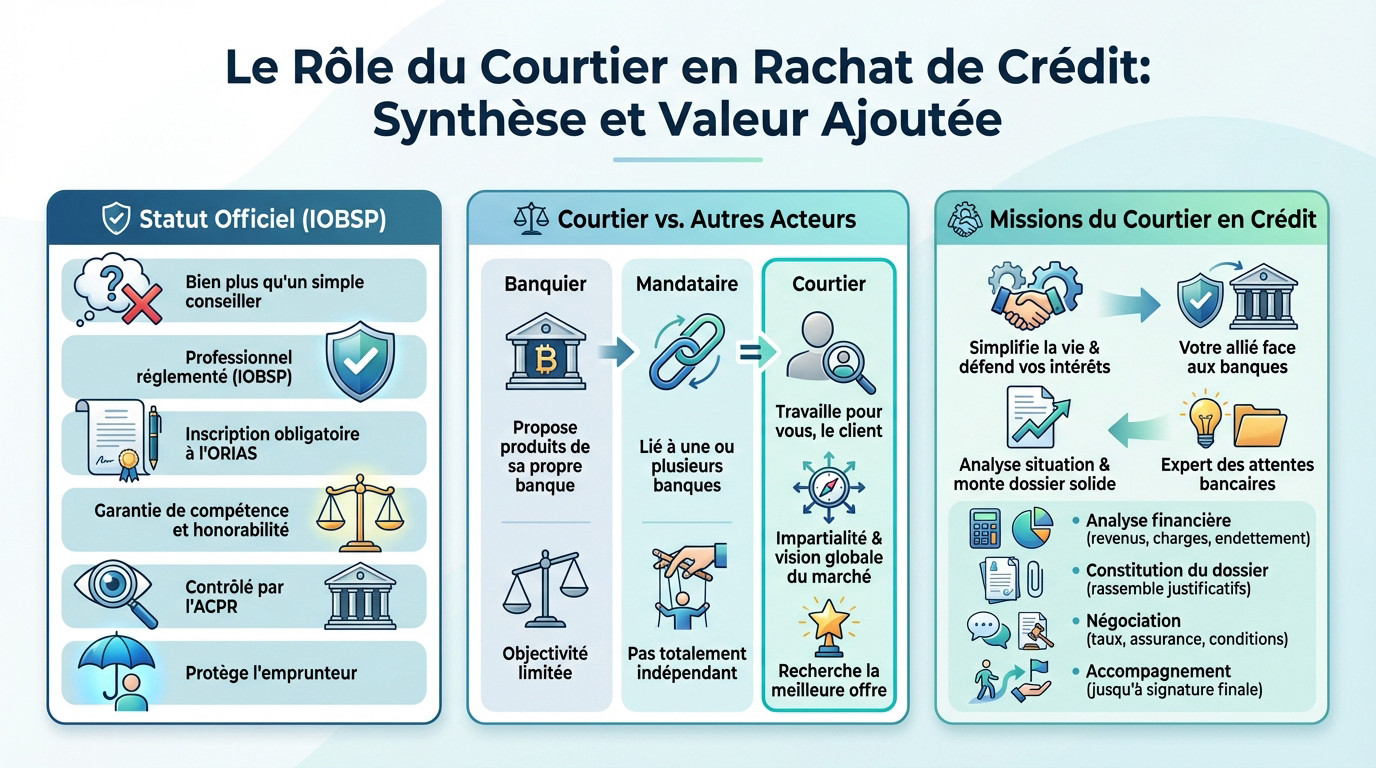 Schéma synthétique expliquant le rôle et la valeur ajoutée d'un courtier en rachat de crédit