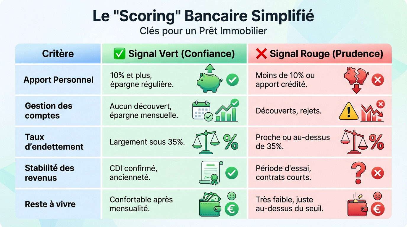 Tableau récapitulatif des critères d'évaluation bancaire pour un crédit immobilier : signaux verts et rouges