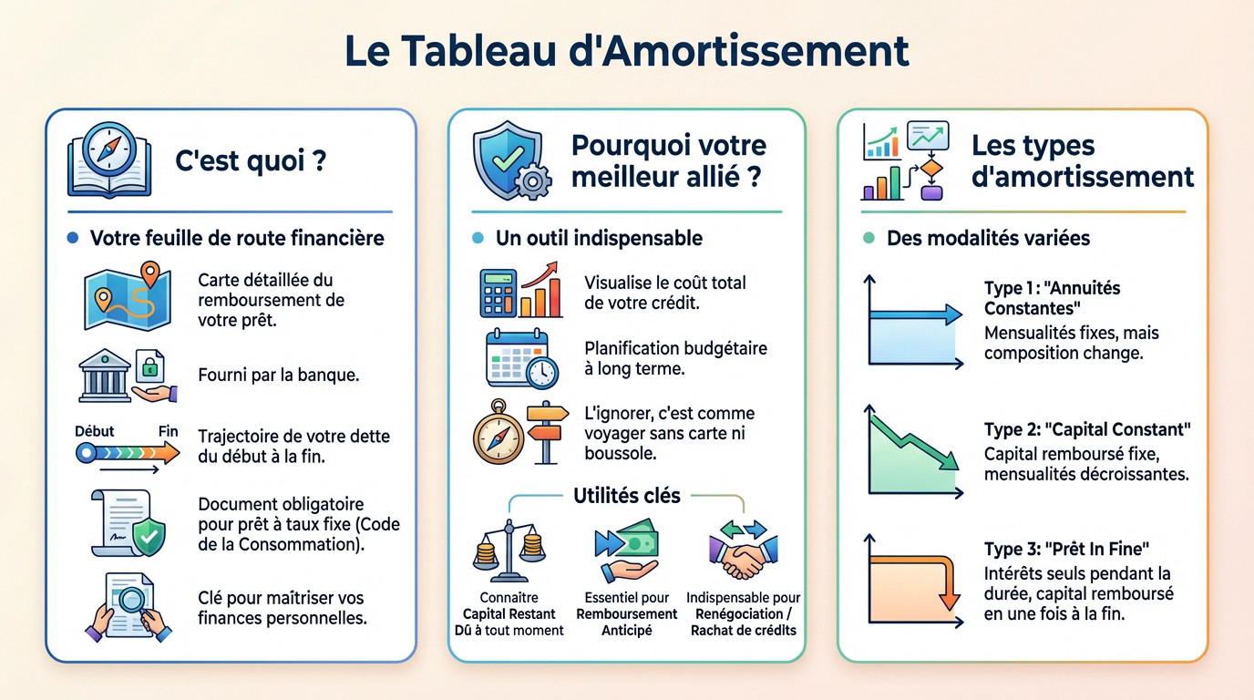 Exemple de tableau d'amortissement montrant la répartition capital et intérêts