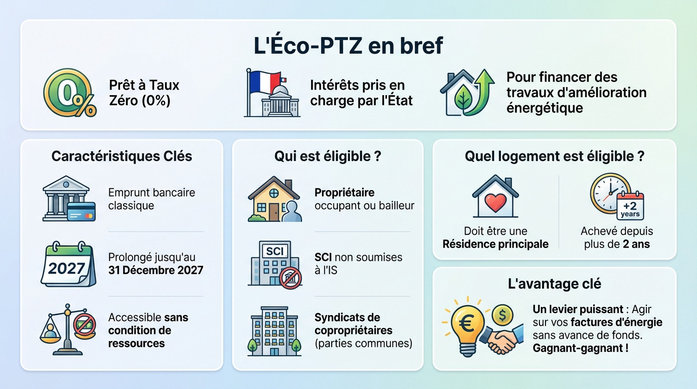 Illustration résumant les avantages de l'éco-PTZ pour la rénovation énergétique