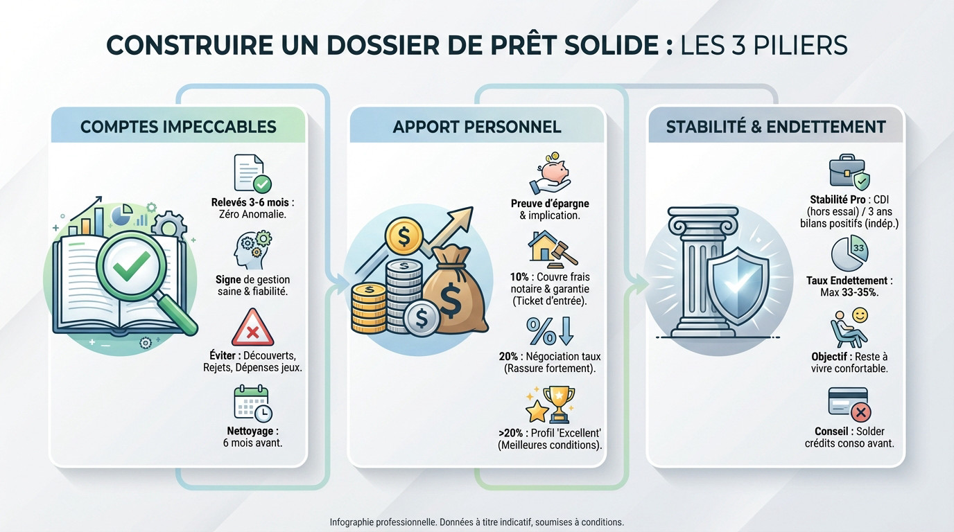 Illustration des trois piliers d'un dossier de prêt immobilier solide : gestion de compte, apport et situation professionnelle