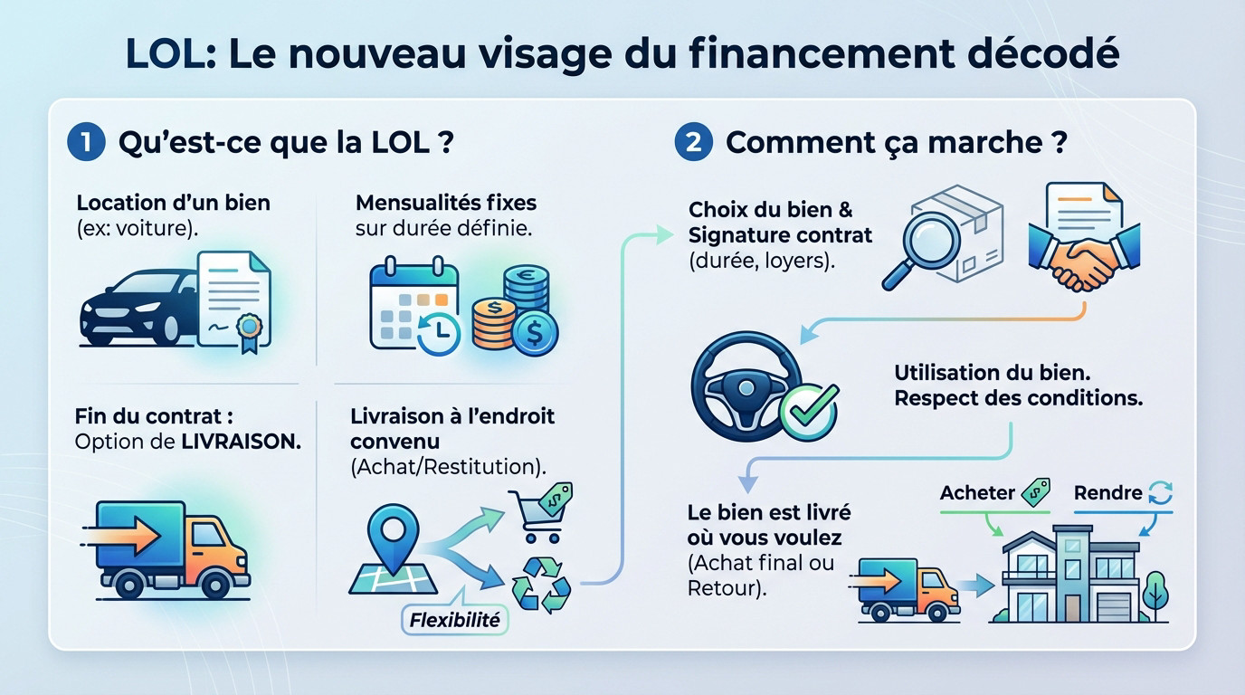 Illustration conceptuelle de la Location avec Option de Livraison montrant la flexibilité du financement