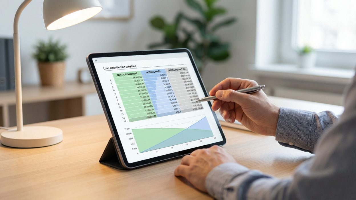 Mains pointant un tableau d'amortissement de prêt sur tablette. Détails du capital remboursé, intérêts payés, capital restant dû. Bureau moderne.