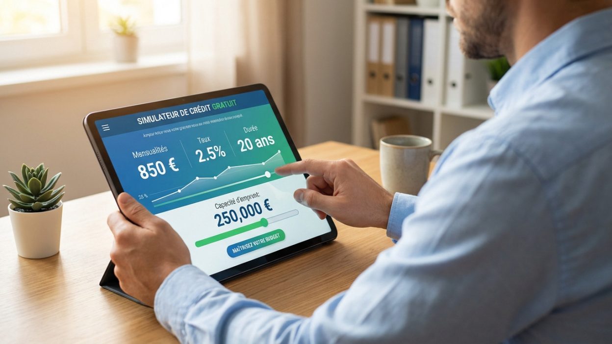 Une personne utilise une tablette affichant un simulateur de crédit gratuit, avec des données financières comme mensualités et capacité d'emprunt.