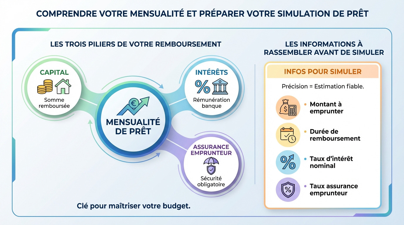 Schéma explicatif des composantes d'une mensualité de prêt immobilier : capital, intérêts et assurance