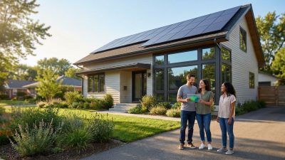 Three happy individuals stand in front of a modern, energy-efficient house with solar panels on a sunny day, holding a tablet.