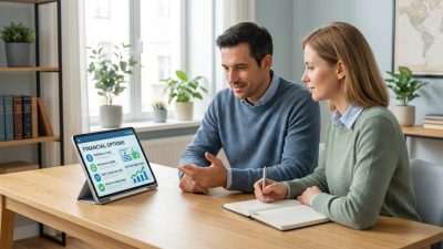 A couple in a bright home office reviews financial options on a tablet. The man points, the woman writes in a notebook, showing engagement.