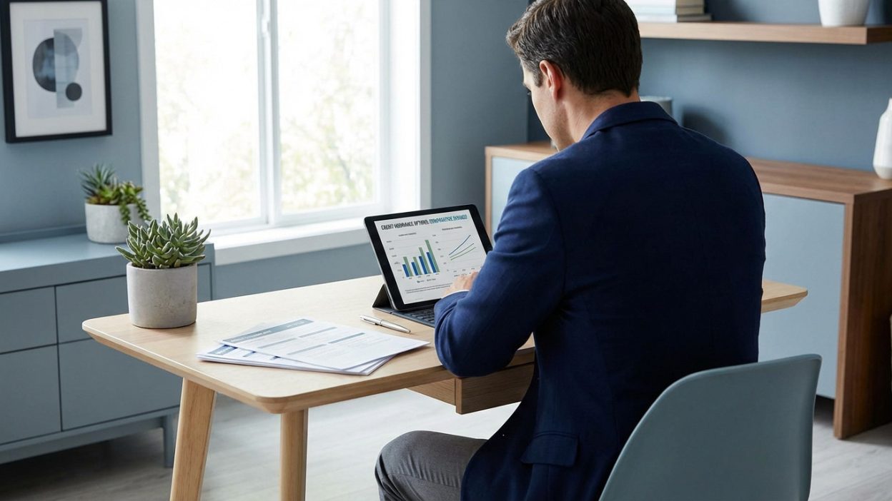 A person in smart casual attire reviews credit insurance options on a tablet at a modern desk in a bright home office, papers nearby.