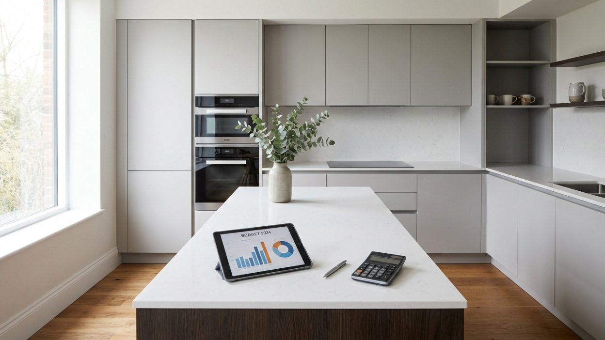 Sleek, light grey kitchen with integrated appliances. White quartz island displays a budget graph on a tablet, pen, and calculator.