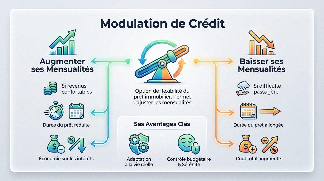 Schéma explicatif de la modulation de crédit immobilier : ajustement des mensualités à la hausse ou à la baisse
