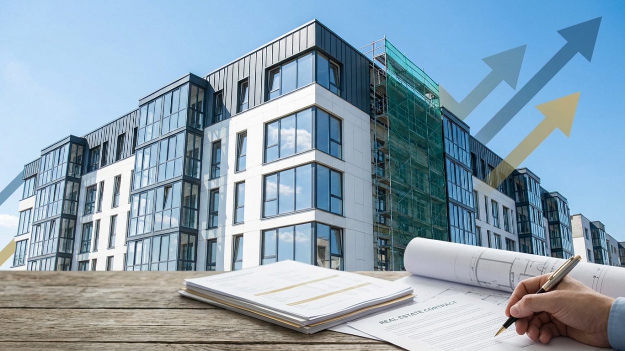 Modern building under construction with scaffolding, large windows reflecting sky. Financial documents, blueprint, and hand signing contract in foreground. Upward arrows symbolize growth.