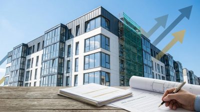Modern building under construction with scaffolding, large windows reflecting sky. Financial documents, blueprint, and hand signing contract in foreground. Upward arrows symbolize growth.