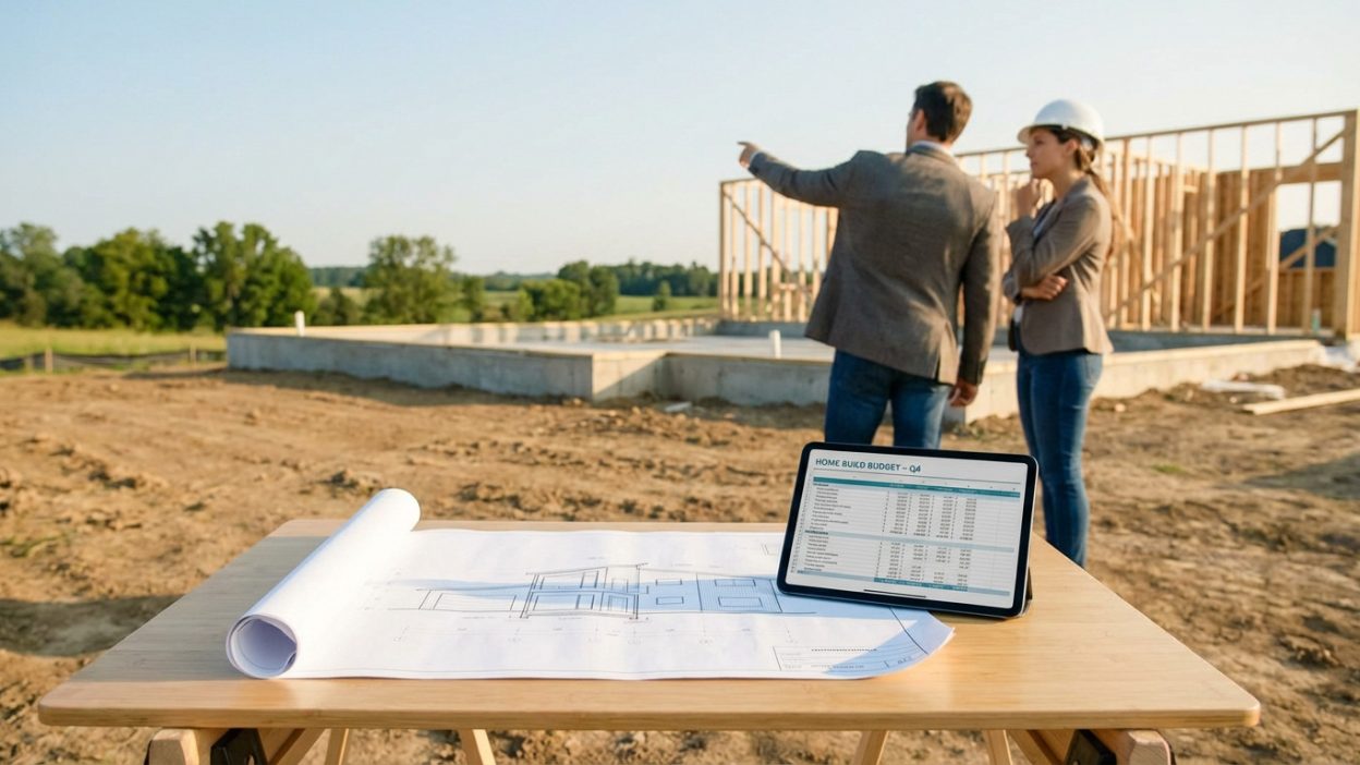 Couple reviews home construction plans and budget on a tablet at a building site, with partially built house foundations and framing, under a clear sky.