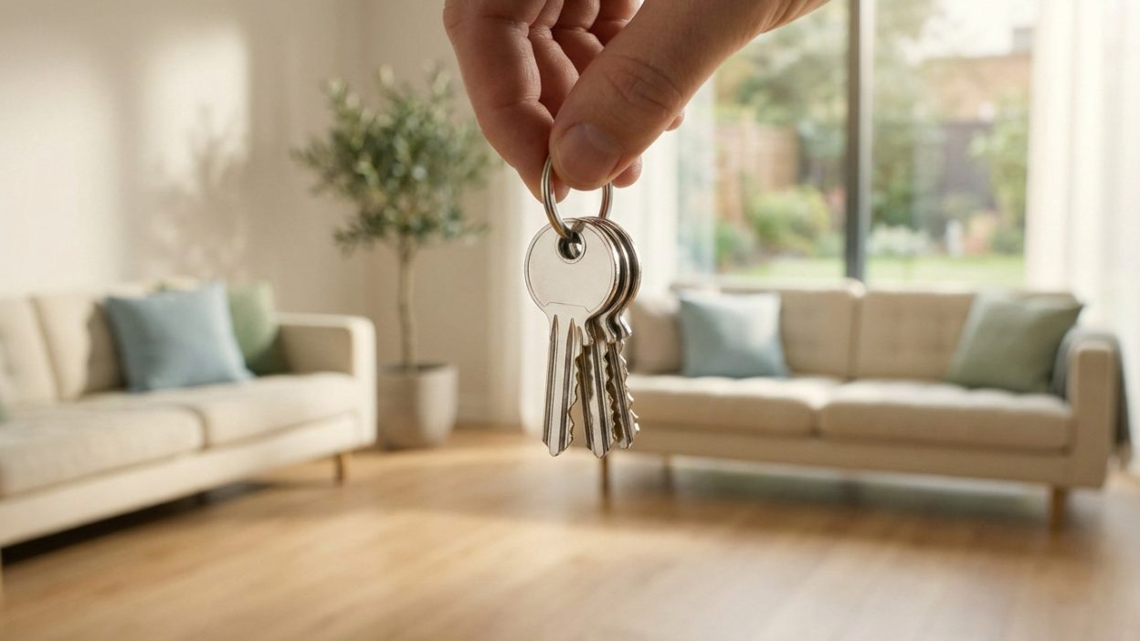A hand holds shiny silver house keys, foregrounded against a softly blurred, modern living room with sofas, plant, and natural light.