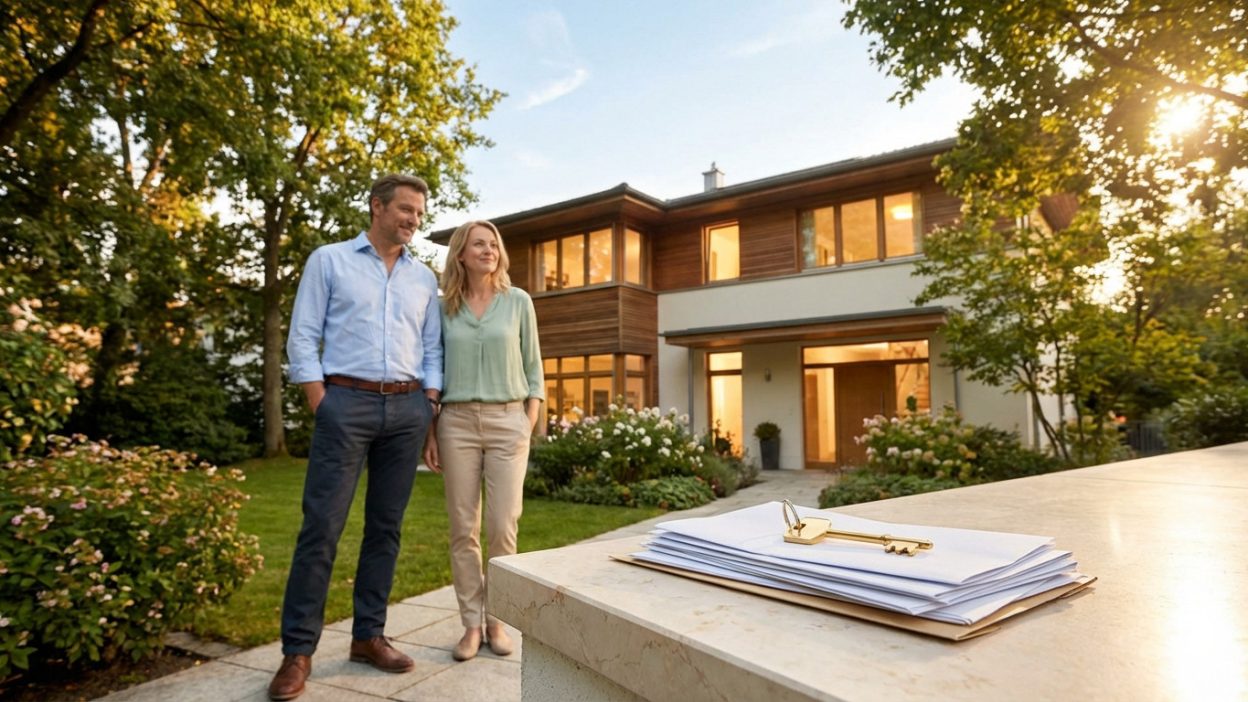 Man and woman stand proudly by their modern home. A golden key and documents on a stone ledge symbolize stability and new beginnings.