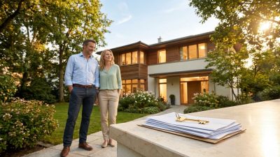 Man and woman stand proudly by their modern home. A golden key and documents on a stone ledge symbolize stability and new beginnings.