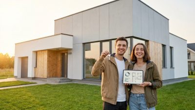 Happy young couple proudly stands before their modern, minimalist new home. Man holds keys, woman displays a tablet with a blueprint.