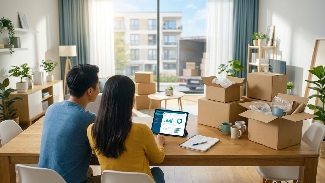 Couple plans finances on tablet at table with moving boxes. Bright window view of new building and truck hints at new home.
