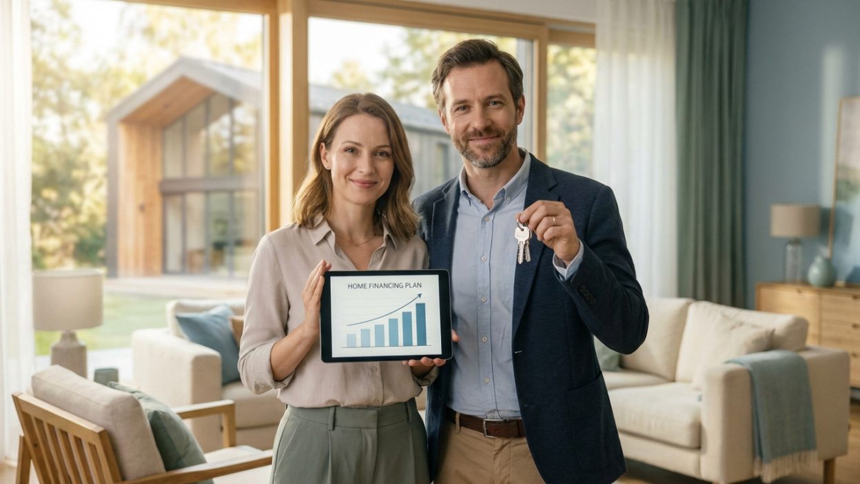 A happy couple in a bright living room. Woman shows a 'Home Financing Plan' graph on a tablet; man holds new house keys. A modern home is seen through large windows.