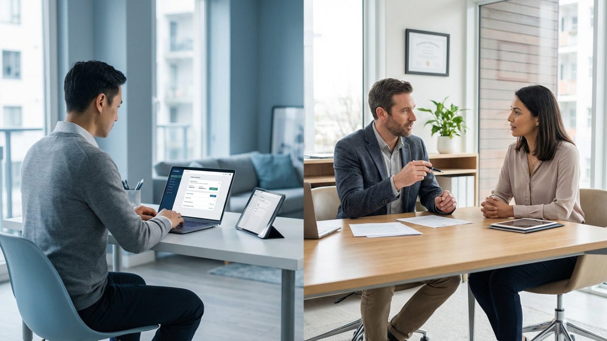 Split image: Left, man uses laptop for online finance at home. Right, two people discuss finance with advisor in office.