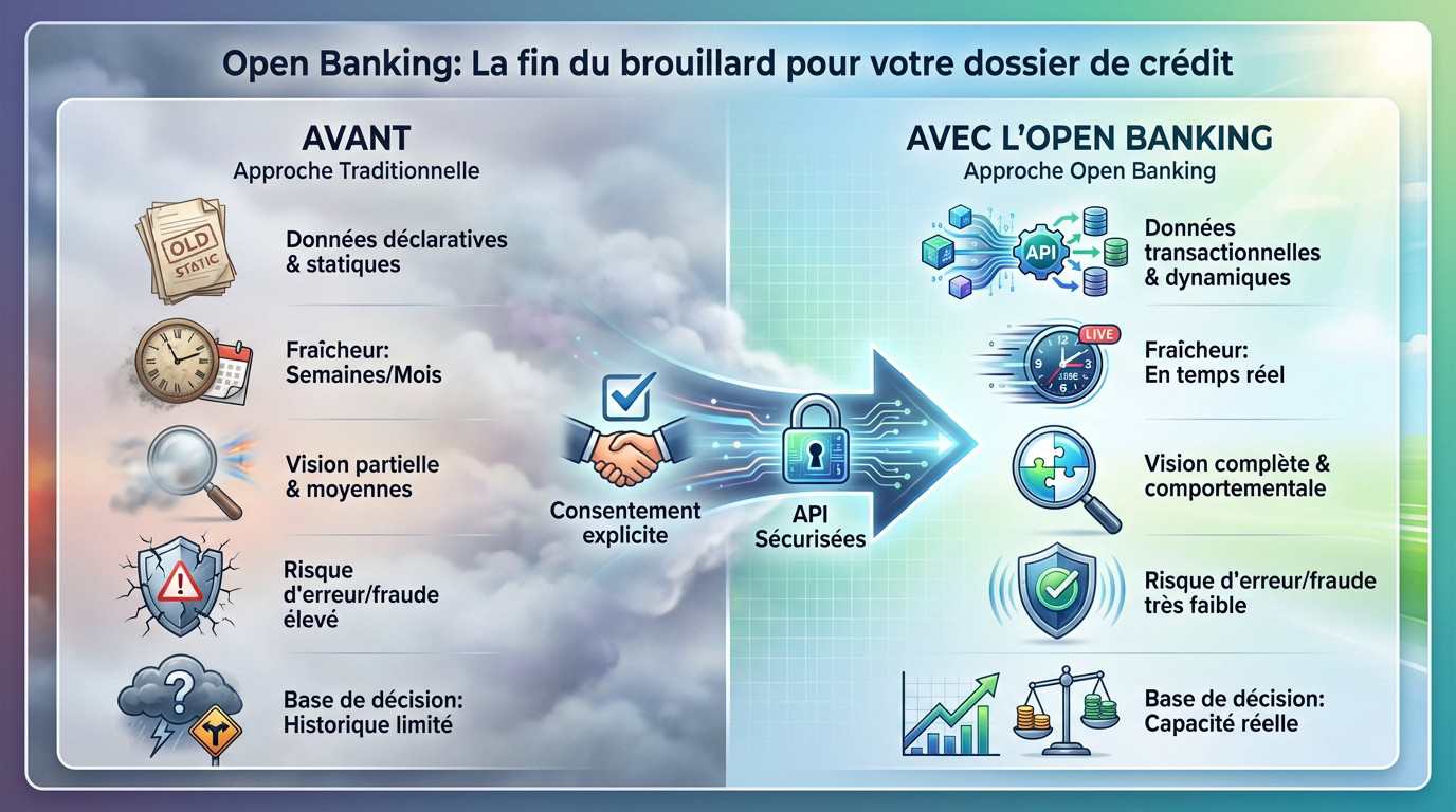 Illustration montrant la clarté apportée par l'open banking dans l'analyse d'un dossier de crédit