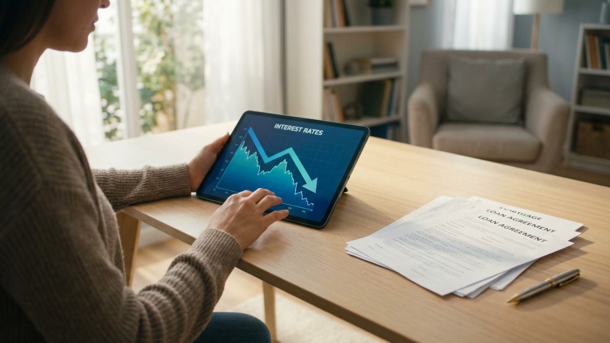 Person viewing a tablet displaying a downward interest rate graph. Loan documents and a pen rest on a desk in a bright home office.