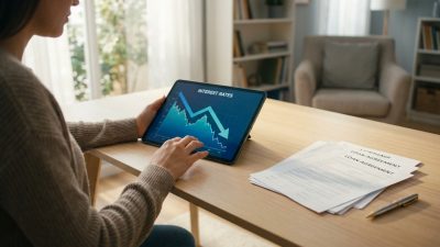 Person viewing a tablet displaying a downward interest rate graph. Loan documents and a pen rest on a desk in a bright home office.