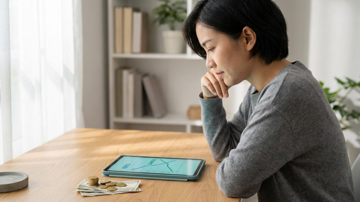 Individual at a modern desk, intently viewing a tablet with financial graphs: blue 'Costs' decreasing, green 'Savings' increasing. Coins & banknotes nearby.