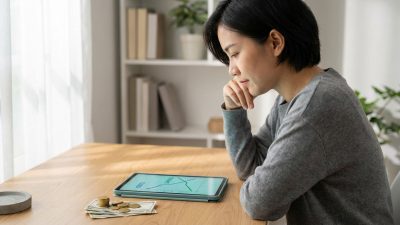 Individual at a modern desk, intently viewing a tablet with financial graphs: blue 'Costs' decreasing, green 'Savings' increasing. Coins & banknotes nearby.
