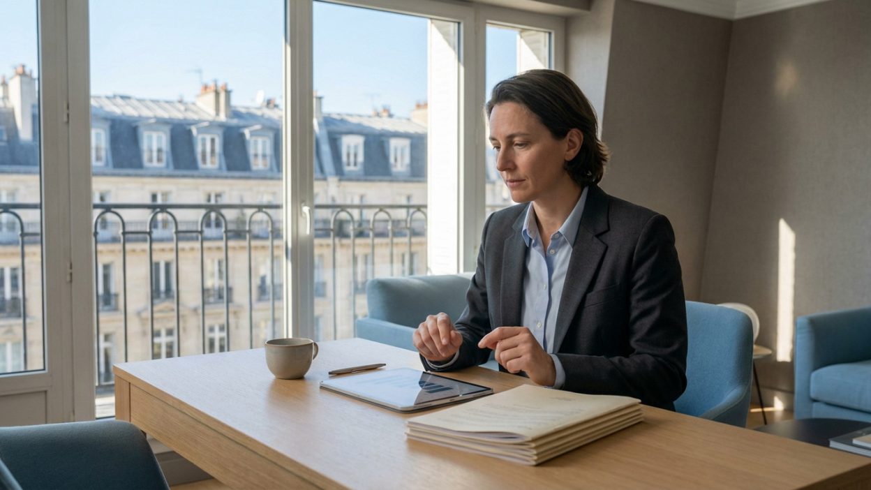 Professional at light-wood desk, tablet with graph, documents, coffee, Parisian view. Thoughtful expression, business-casual attire.