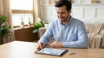 A man smiles, reviewing a home insurance policy on a tablet at a wooden desk with a house key. Natural light fills the room.