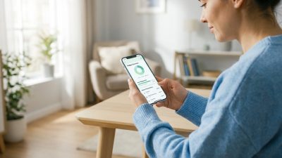 A young adult calmly uses a smartphone to view a financial management app with budget and loan details in a bright home.