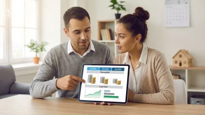 Un couple diversifié analyse des options d'hypothèque sur une tablette, affichant des graphiques de mensualités et de coût total, dans un salon lumineux.