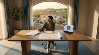 Man at modern desk reviews blueprints and laptop with France map, overlooking a sunlit French stone house in the countryside.