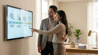 A diverse couple in smart casual attire reviews a real estate timeline on a large screen, pointing to 'final signing'.