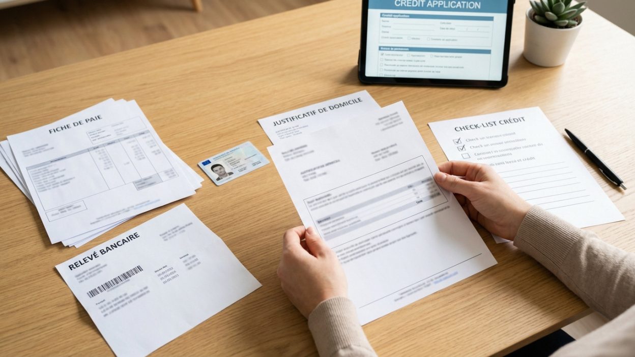 Vue de dessus : personne organisant des documents (fiches de paie, relevé bancaire, justificatif de domicile) sur bureau en bois pour demande de crédit. Tablette avec formulaire.