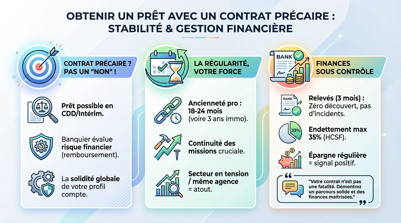 Dossier de crédit solide avec contrat intérim et gestion financière stable