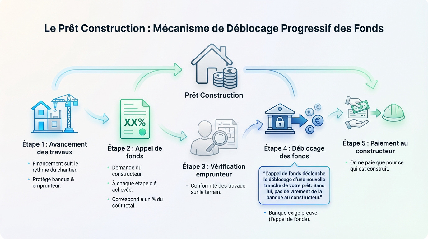 Schéma illustrant le déblocage progressif des fonds lors d'un crédit construction
