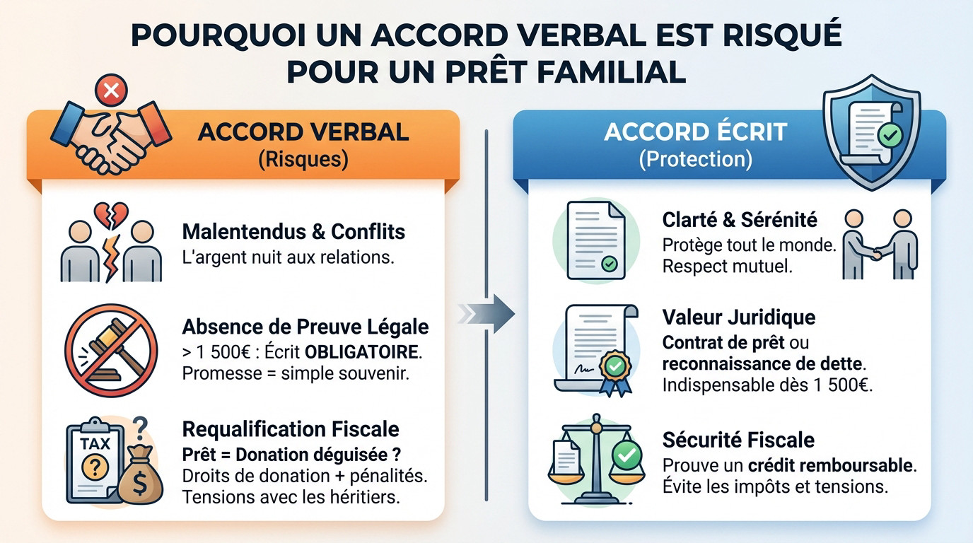 Illustration des risques d'un prêt familial verbal et avantages de l'écrit